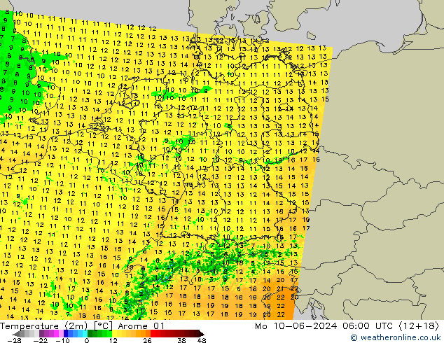Temperatuurkaart (2m) Arome 01 ma 10.06.2024 06 UTC
