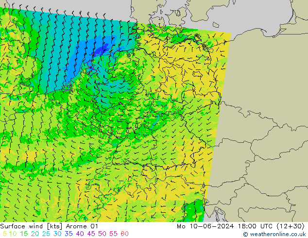 Surface wind Arome 01 Mo 10.06.2024 18 UTC