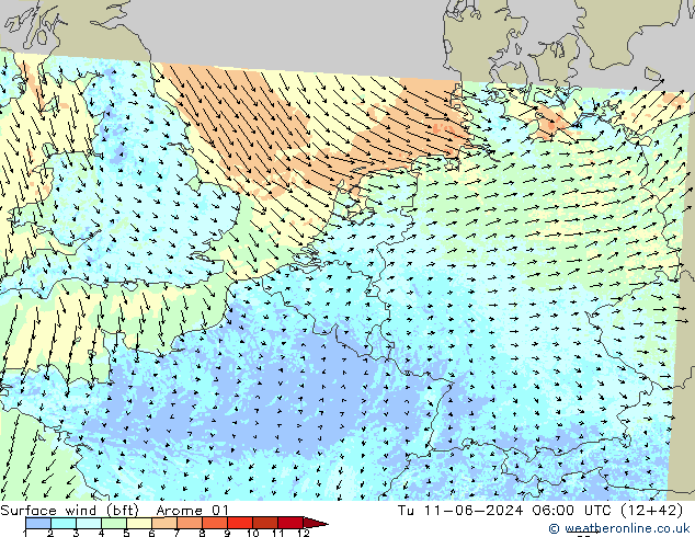 Surface wind (bft) Arome 01 Tu 11.06.2024 06 UTC