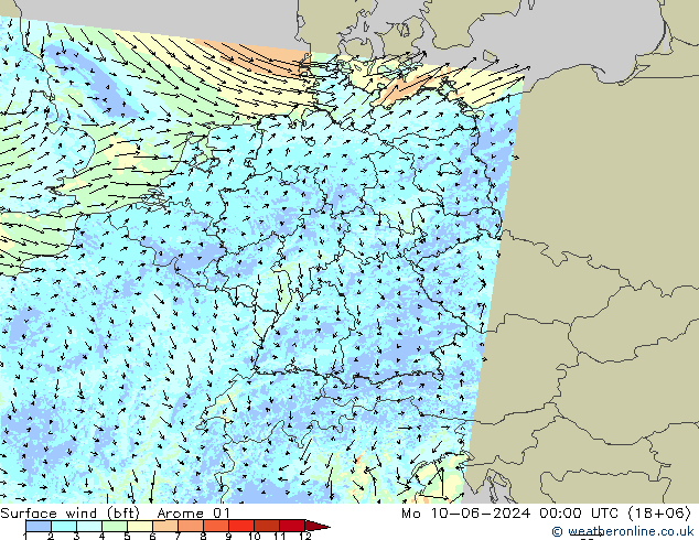 Bodenwind (bft) Arome 01 Mo 10.06.2024 00 UTC