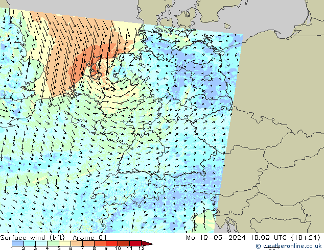 Surface wind (bft) Arome 01 Mo 10.06.2024 18 UTC