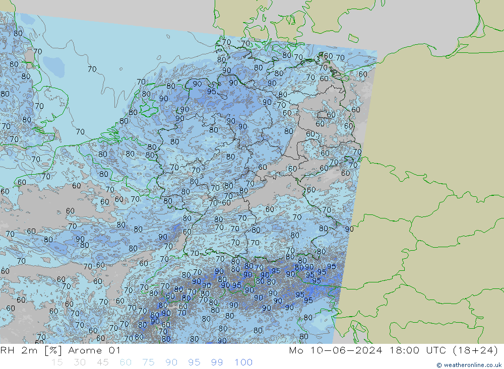 RH 2m Arome 01 星期一 10.06.2024 18 UTC