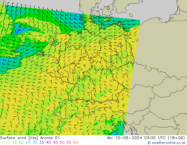 Surface wind Arome 01 Po 10.06.2024 03 UTC