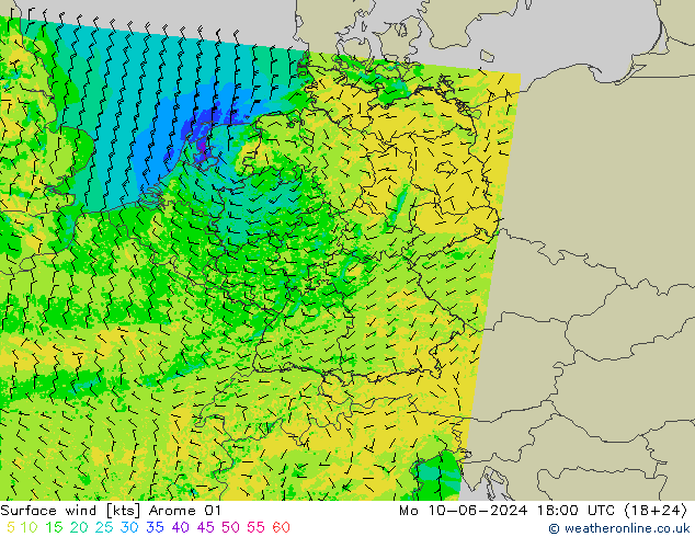 wiatr 10 m Arome 01 pon. 10.06.2024 18 UTC