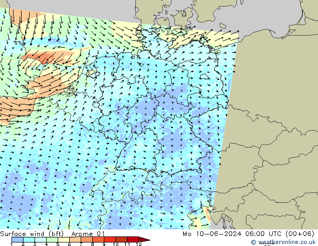 Bodenwind (bft) Arome 01 Mo 10.06.2024 06 UTC