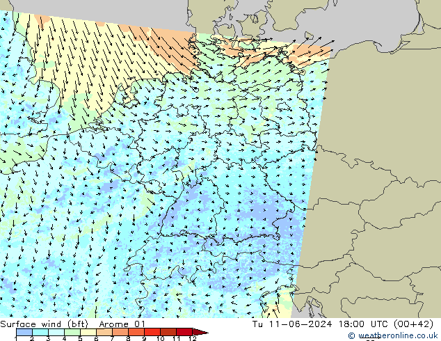 Bodenwind (bft) Arome 01 Di 11.06.2024 18 UTC