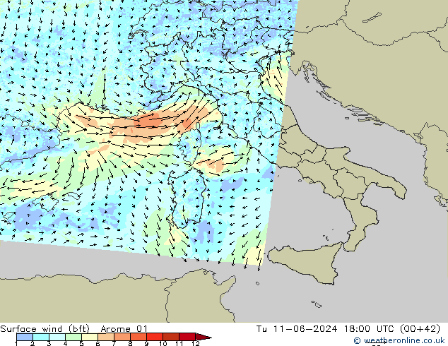 Surface wind (bft) Arome 01 Út 11.06.2024 18 UTC