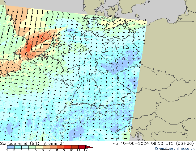 Wind 10 m (bft) Arome 01 ma 10.06.2024 09 UTC