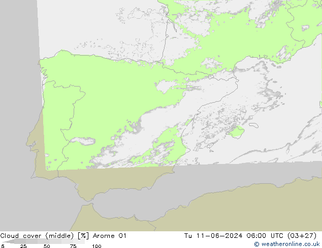 Cloud cover (middle) Arome 01 Tu 11.06.2024 06 UTC