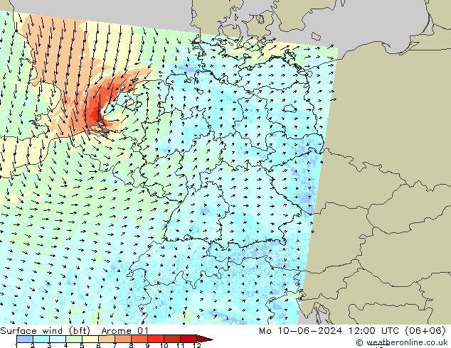 Wind 10 m (bft) Arome 01 ma 10.06.2024 12 UTC