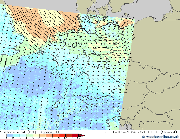 Surface wind (bft) Arome 01 Tu 11.06.2024 06 UTC