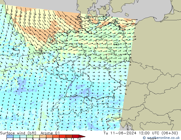 Surface wind (bft) Arome 01 Út 11.06.2024 12 UTC