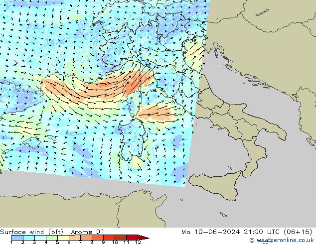 Surface wind (bft) Arome 01 Mo 10.06.2024 21 UTC