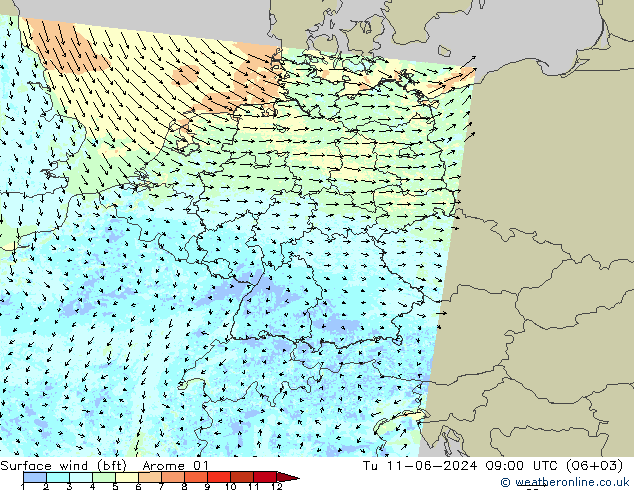 Vento 10 m (bft) Arome 01 mar 11.06.2024 09 UTC
