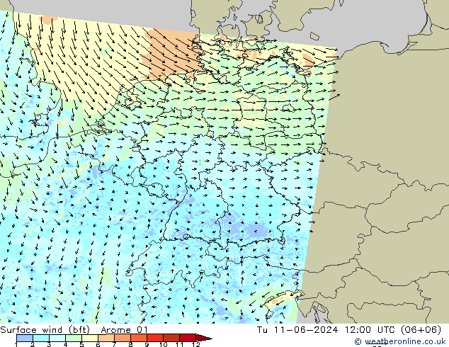 Bodenwind (bft) Arome 01 Di 11.06.2024 12 UTC
