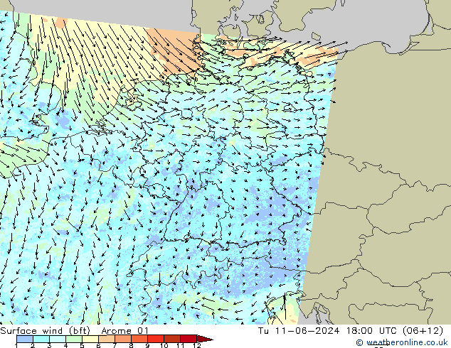 Surface wind (bft) Arome 01 Út 11.06.2024 18 UTC