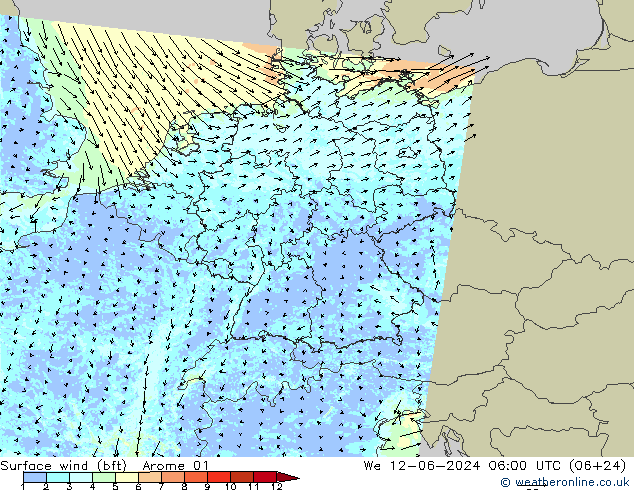 Vent 10 m (bft) Arome 01 mer 12.06.2024 06 UTC