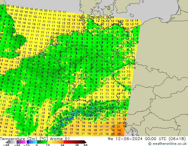 mapa temperatury (2m) Arome 01 śro. 12.06.2024 00 UTC