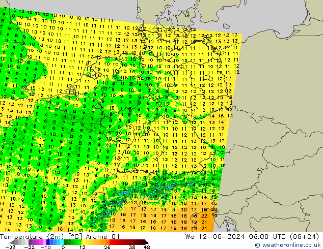 Temperatuurkaart (2m) Arome 01 wo 12.06.2024 06 UTC