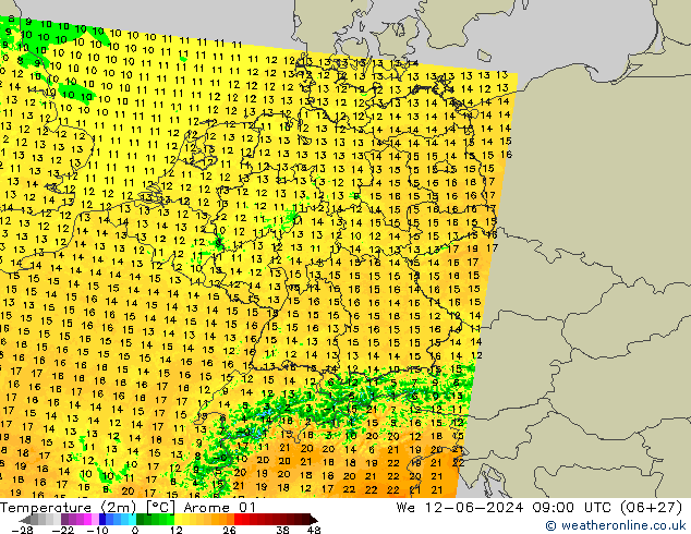 Temperatuurkaart (2m) Arome 01 wo 12.06.2024 09 UTC