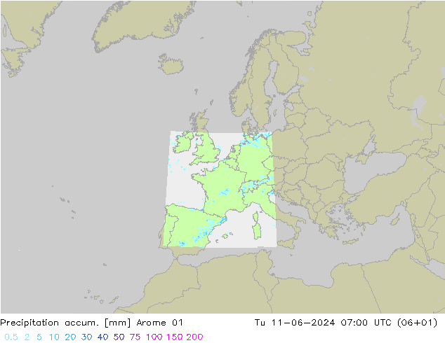 Precipitation accum. Arome 01 Tu 11.06.2024 07 UTC