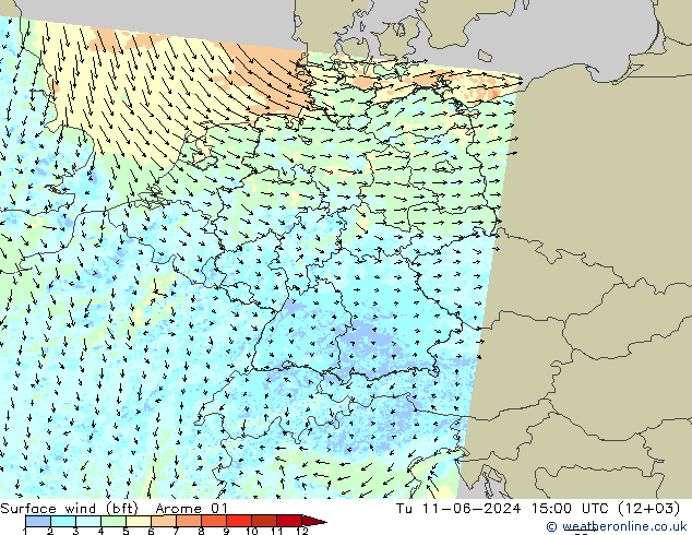 Wind 10 m (bft) Arome 01 di 11.06.2024 15 UTC