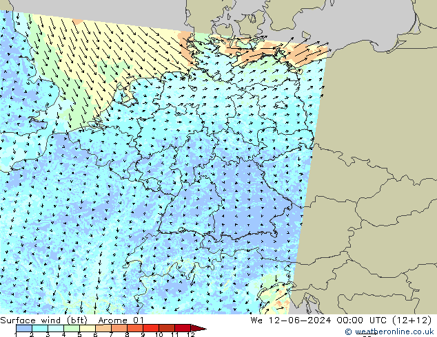 Surface wind (bft) Arome 01 We 12.06.2024 00 UTC