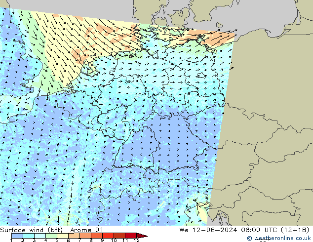 Wind 10 m (bft) Arome 01 wo 12.06.2024 06 UTC