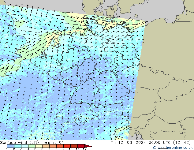 Surface wind (bft) Arome 01 Čt 13.06.2024 06 UTC