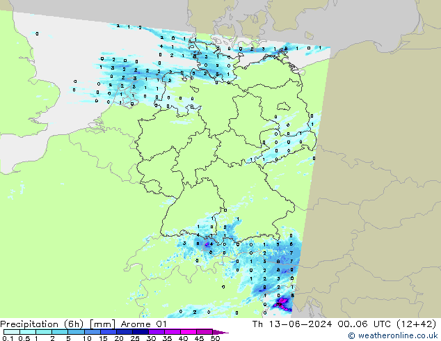 Precipitation (6h) Arome 01 Čt 13.06.2024 06 UTC