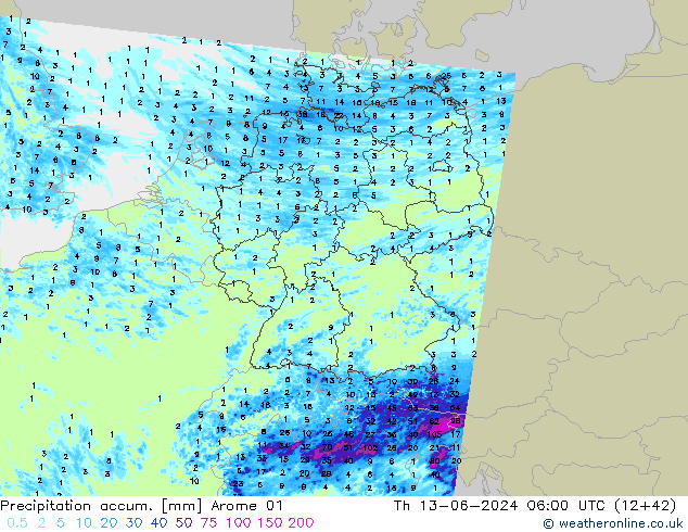 Totale neerslag Arome 01 do 13.06.2024 06 UTC
