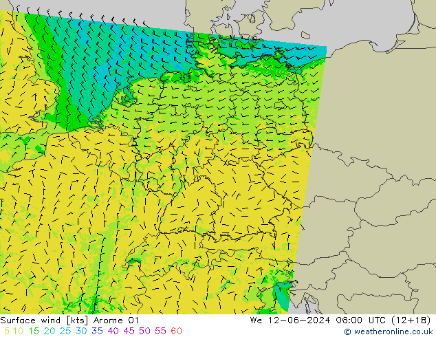 Surface wind Arome 01 We 12.06.2024 06 UTC