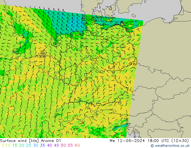 Surface wind Arome 01 We 12.06.2024 18 UTC