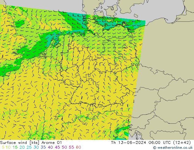Surface wind Arome 01 Th 13.06.2024 06 UTC