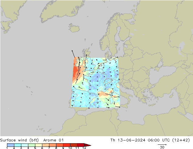 Wind 10 m (bft) Arome 01 do 13.06.2024 06 UTC