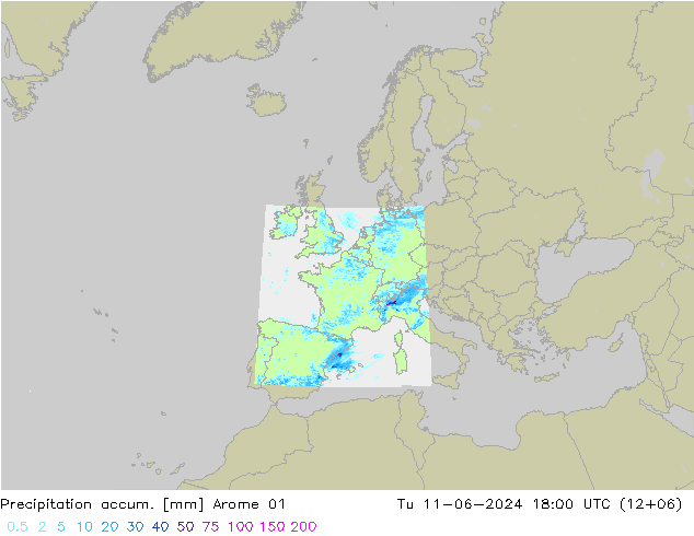 Precipitation accum. Arome 01 星期二 11.06.2024 18 UTC