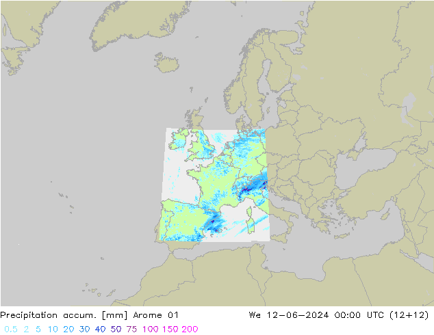 Precipitation accum. Arome 01 We 12.06.2024 00 UTC