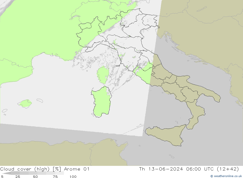 Cloud cover (high) Arome 01 Th 13.06.2024 06 UTC