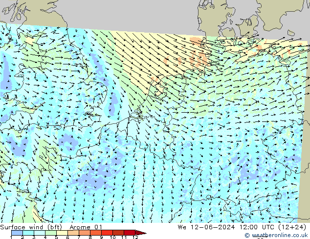 Wind 10 m (bft) Arome 01 wo 12.06.2024 12 UTC