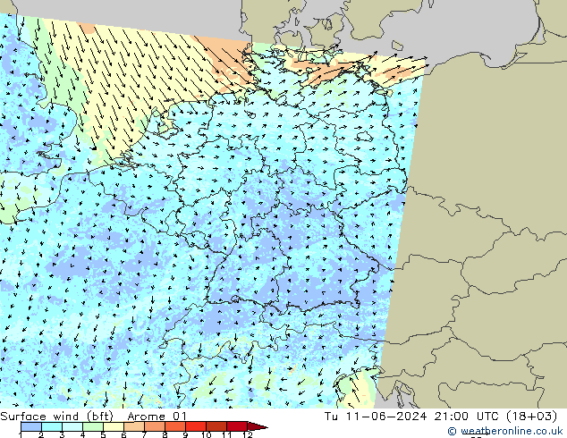 Wind 10 m (bft) Arome 01 di 11.06.2024 21 UTC