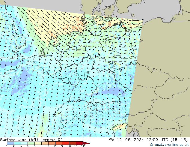 Surface wind (bft) Arome 01 We 12.06.2024 12 UTC