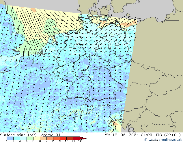 Vento 10 m (bft) Arome 01 Qua 12.06.2024 01 UTC