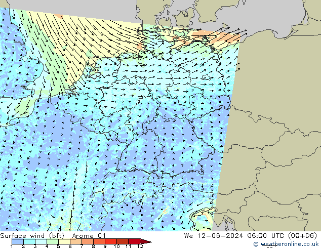  10 m (bft) Arome 01  12.06.2024 06 UTC