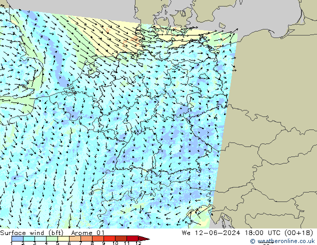 Surface wind (bft) Arome 01 We 12.06.2024 18 UTC