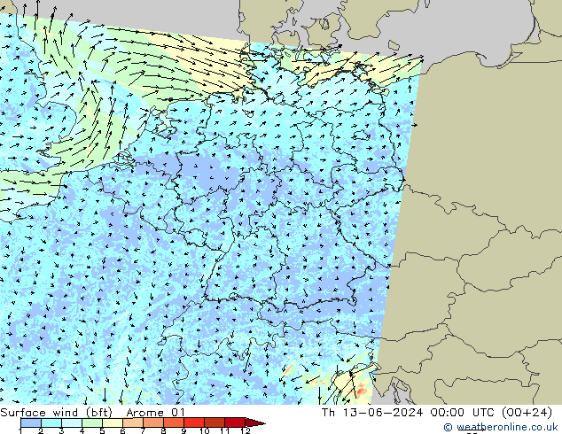 Viento 10 m (bft) Arome 01 jue 13.06.2024 00 UTC