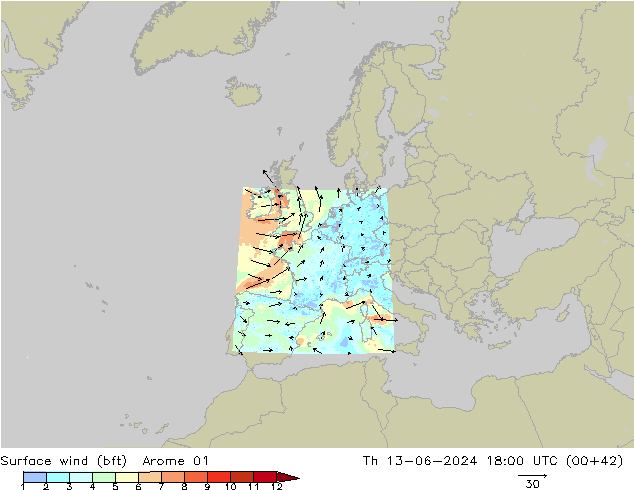 Wind 10 m (bft) Arome 01 do 13.06.2024 18 UTC