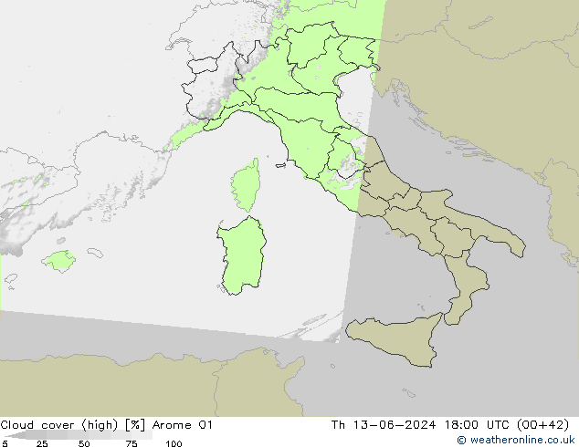 Cloud cover (high) Arome 01 Th 13.06.2024 18 UTC