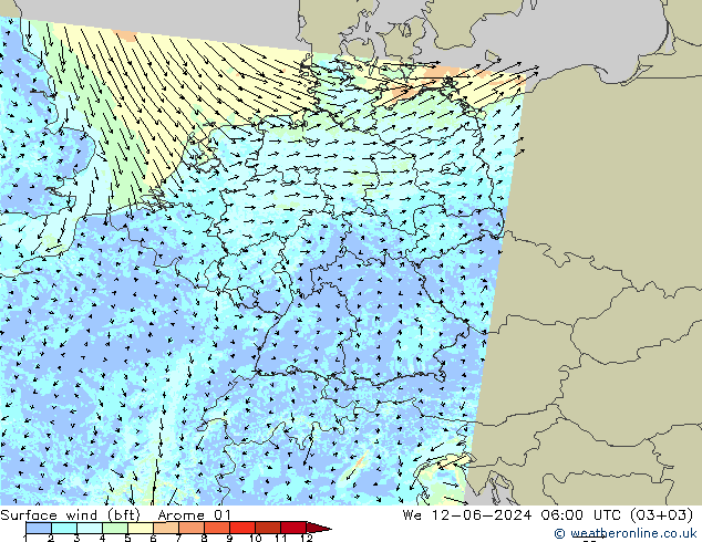 Surface wind (bft) Arome 01 St 12.06.2024 06 UTC