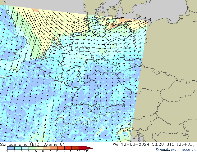 Wind 10 m (bft) Arome 01 wo 12.06.2024 06 UTC