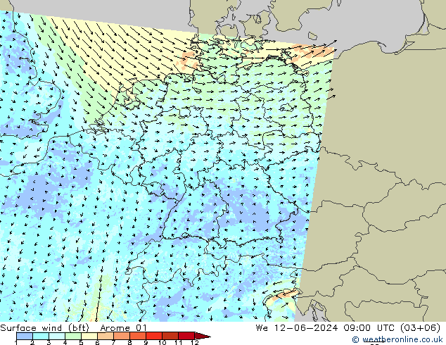 wiatr 10 m (bft) Arome 01 śro. 12.06.2024 09 UTC